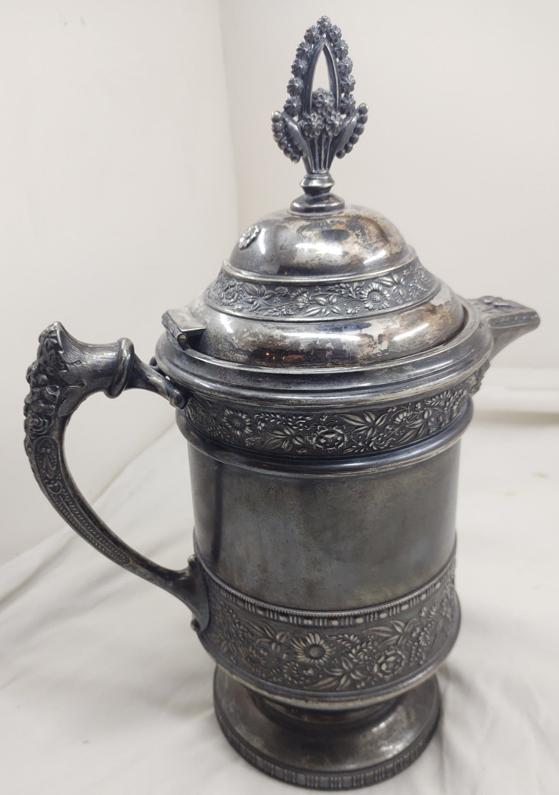 Victorian Repoussé Silverplate Ice Water Pitcher Hinged Lid Ornate Heavy
