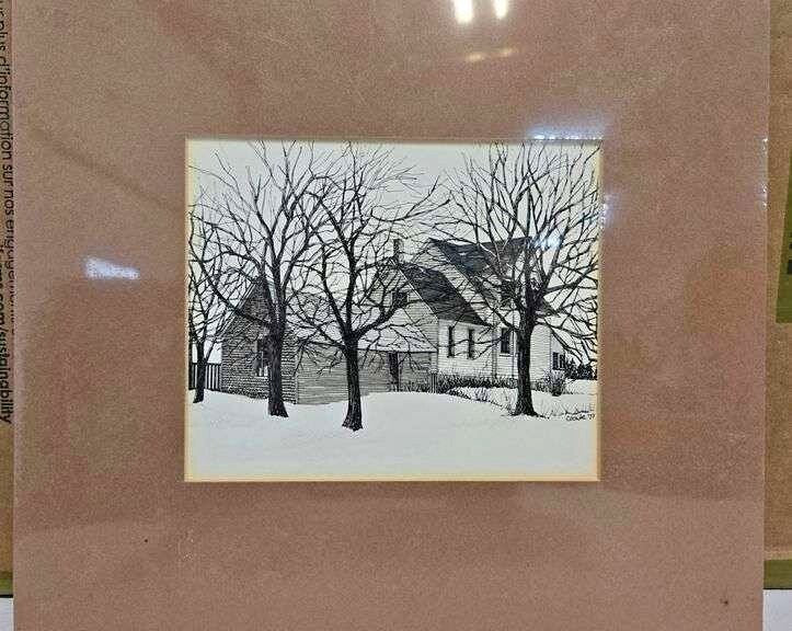 Winter House Landscape Pen Drawing – Framed Seasonal Scene Print