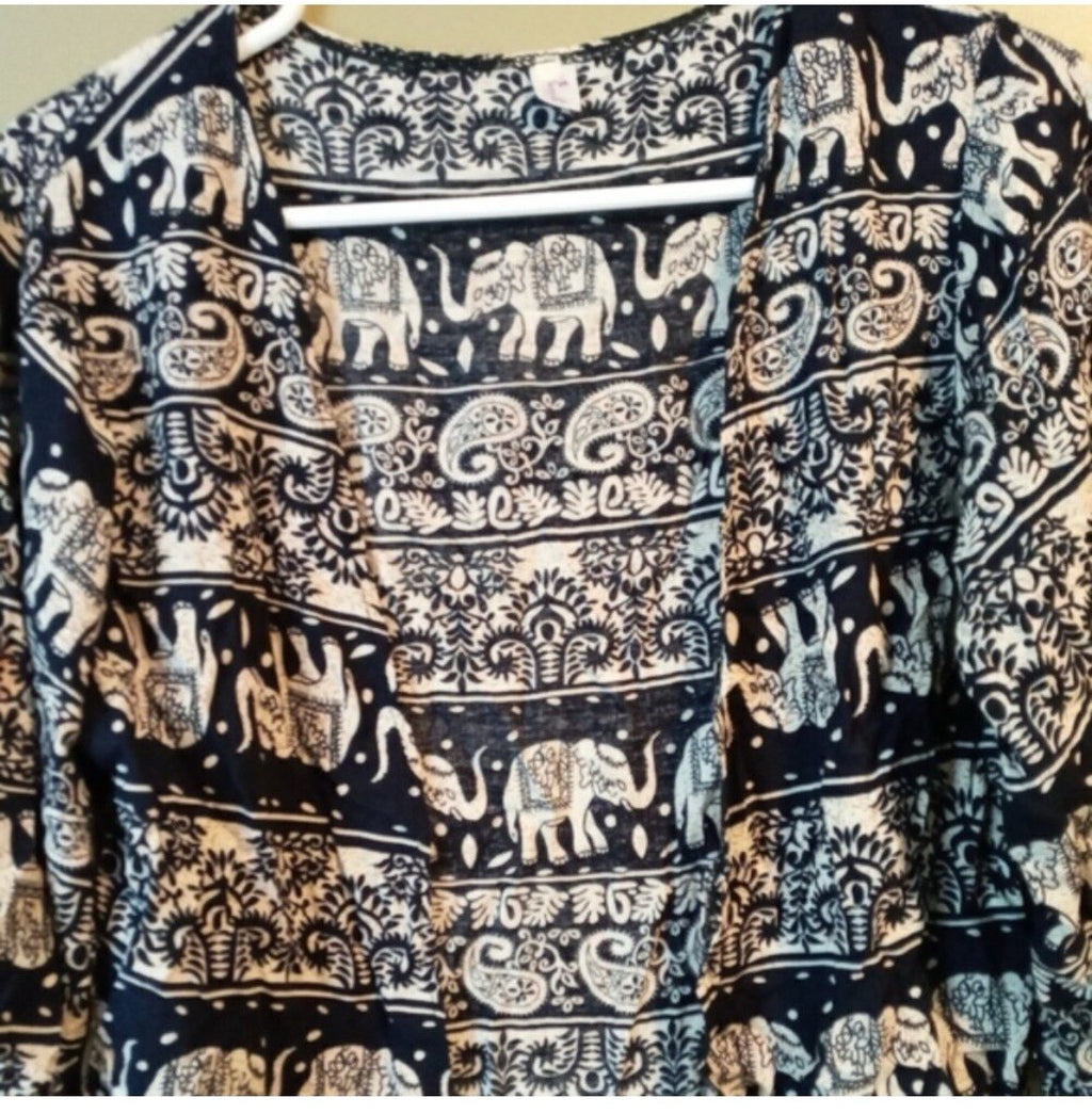 Elephant Boho Print Cardigan Kimono Size Small – Lightweight Outerwear VG