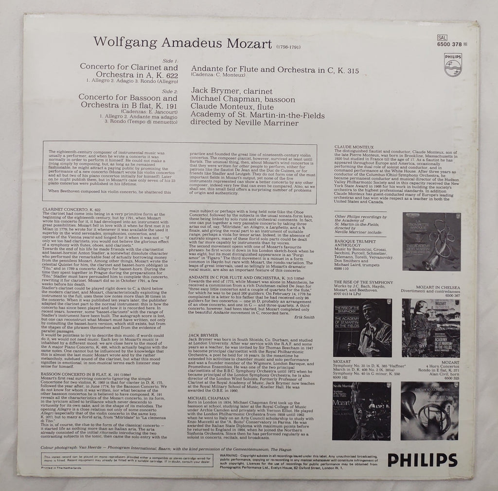 Mozart – Clarinet Concerto K.622 Brymer Marriner Philips 6500 378 LP