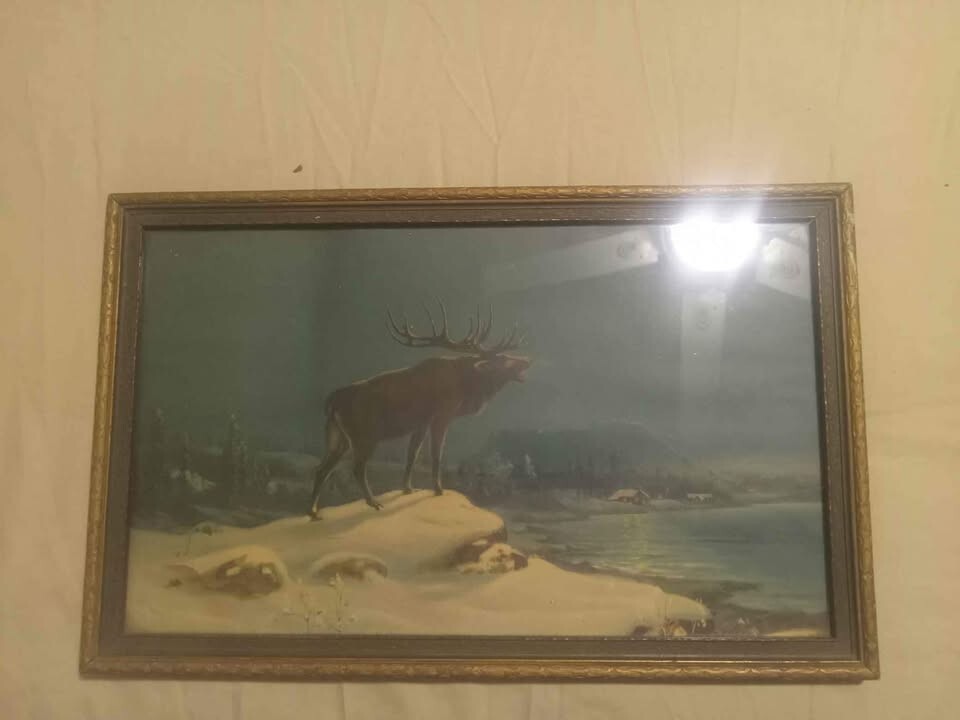 Antique 1927 Theo Lithograph “Call of the Night Elk” – Framed Art Framed Decor