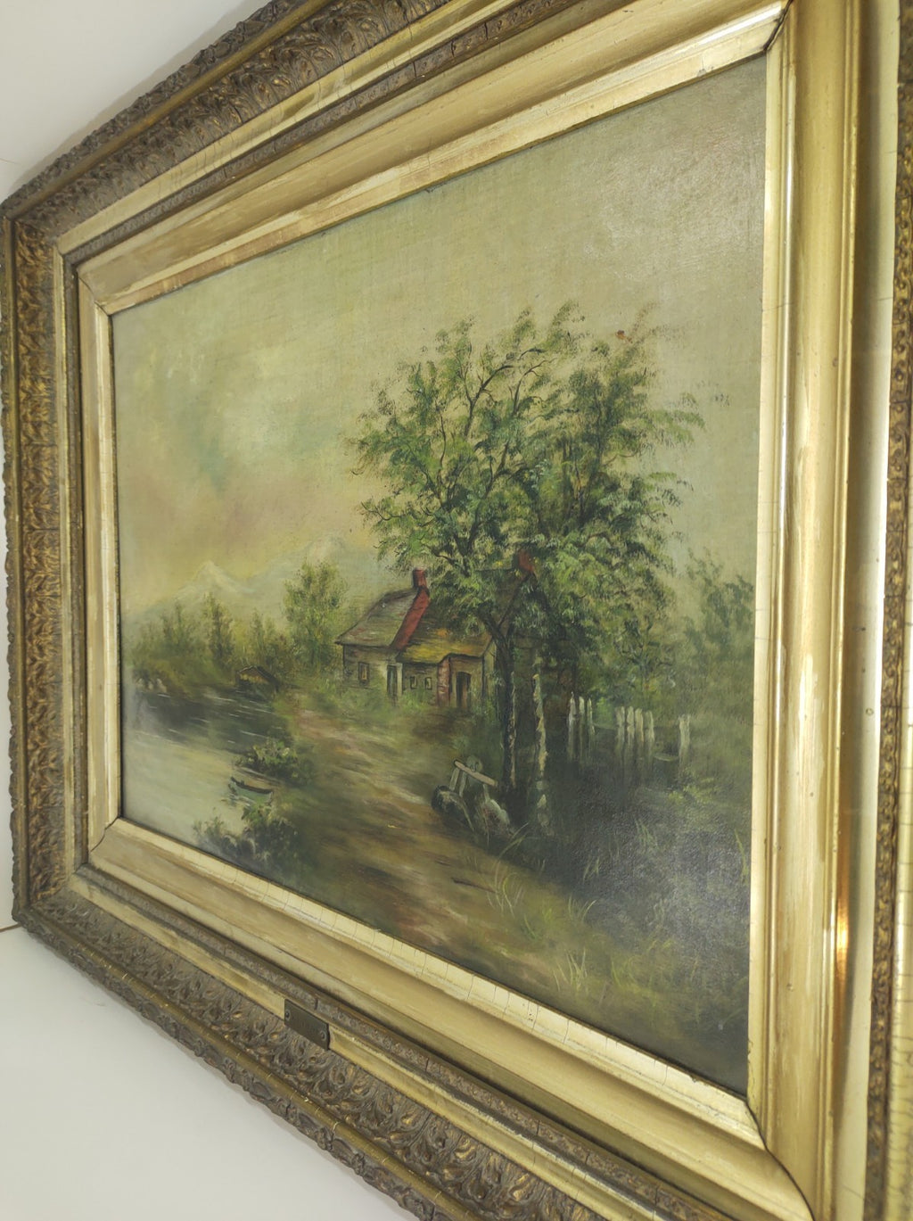Antique A.S. Austen Original Oil Painting Cottage Lake Landscape Framed