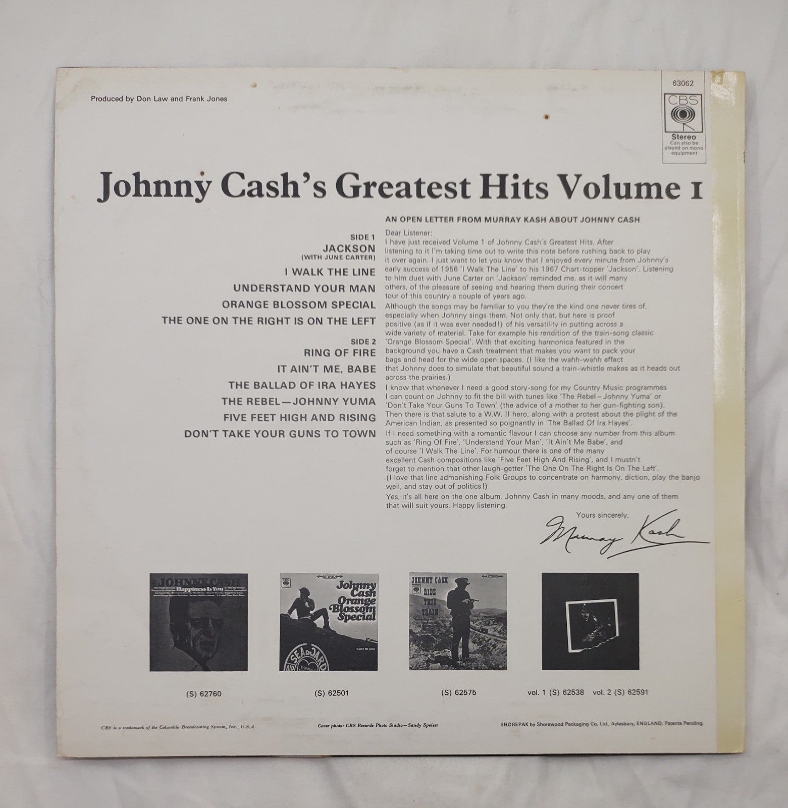 Johnny Cash – Greatest Hits Vol 1 LP 1967 UK CBS SBPG-63062 Country Classic