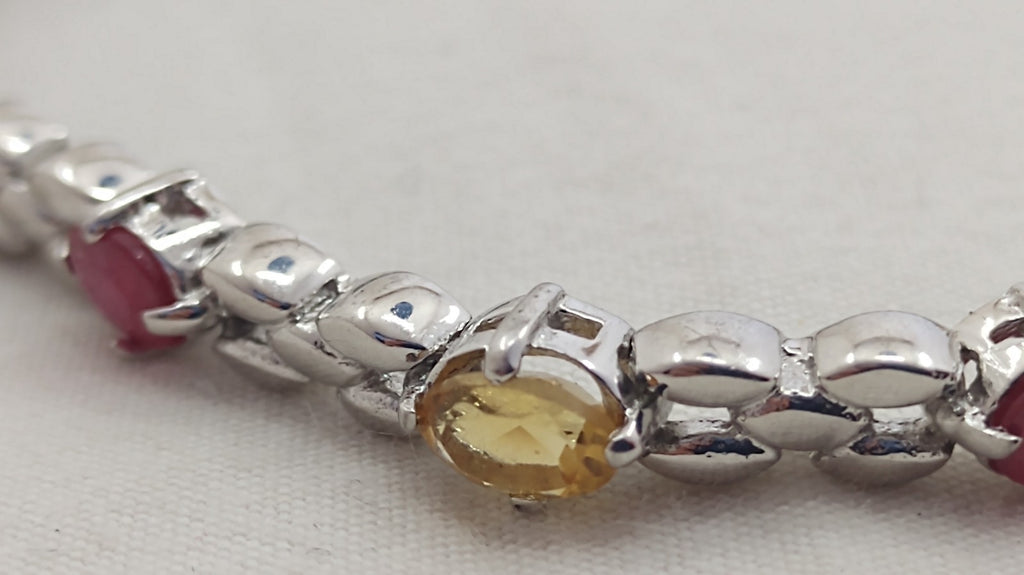 925 Sterling Silver Garnet Citrine Tennis Bracelet 7.5" Gemstone