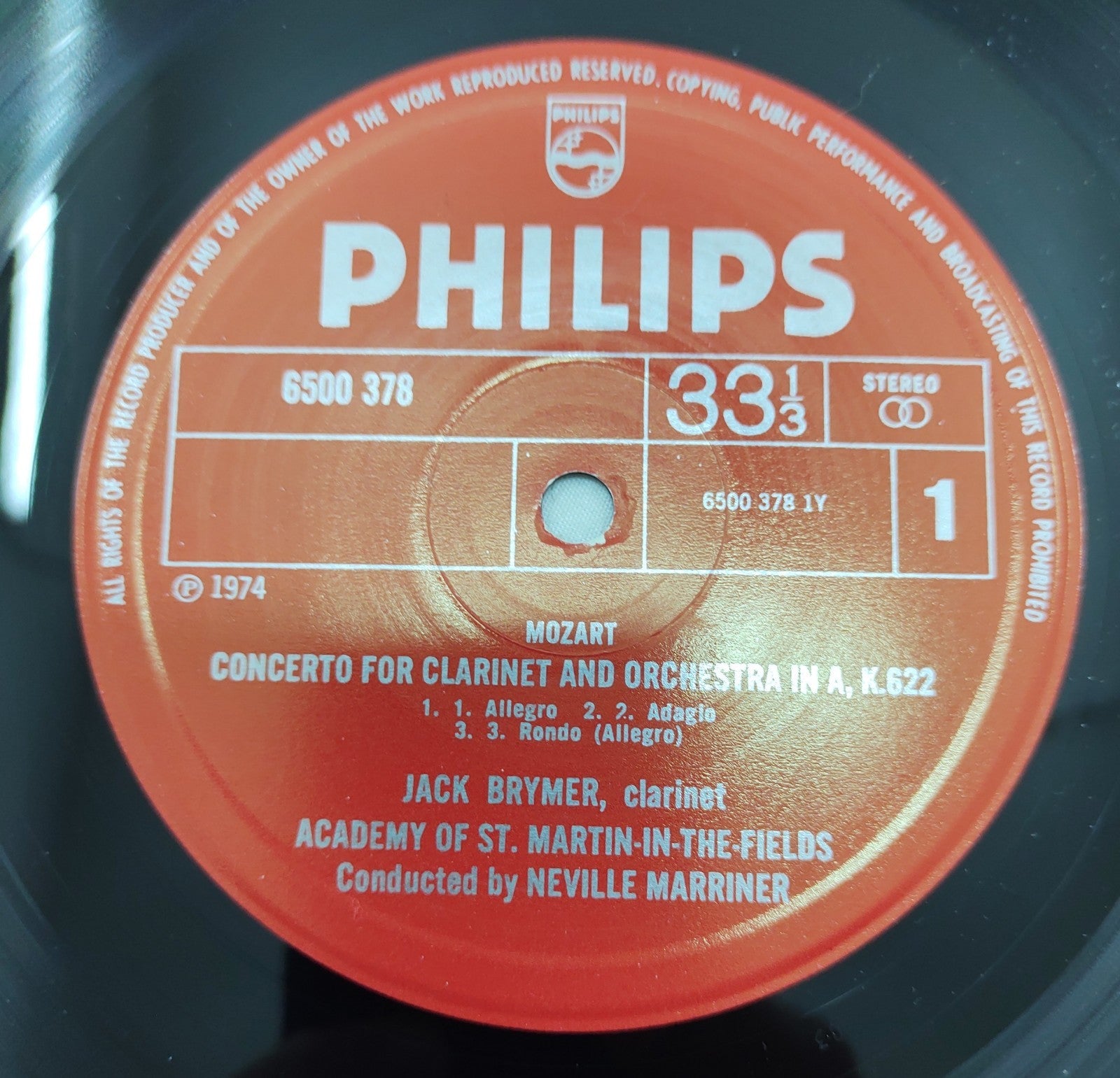 Mozart – Clarinet Concerto K.622 Brymer Marriner Philips 6500 378 LP
