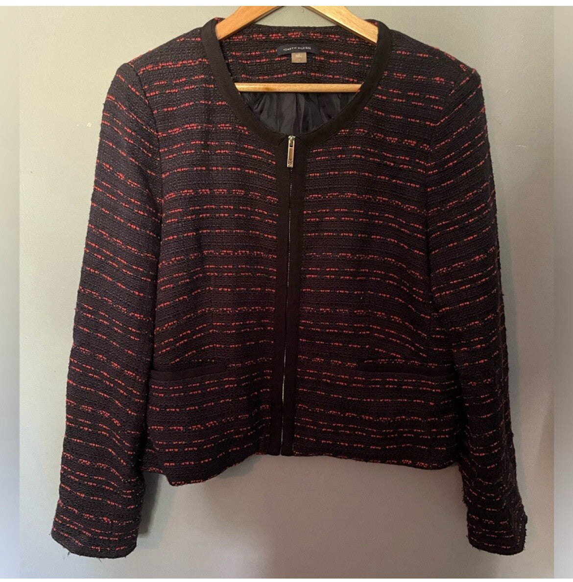 Tommy Hilfiger Women's Tweed Lined Blazer Size 16 Navy and Red – VG