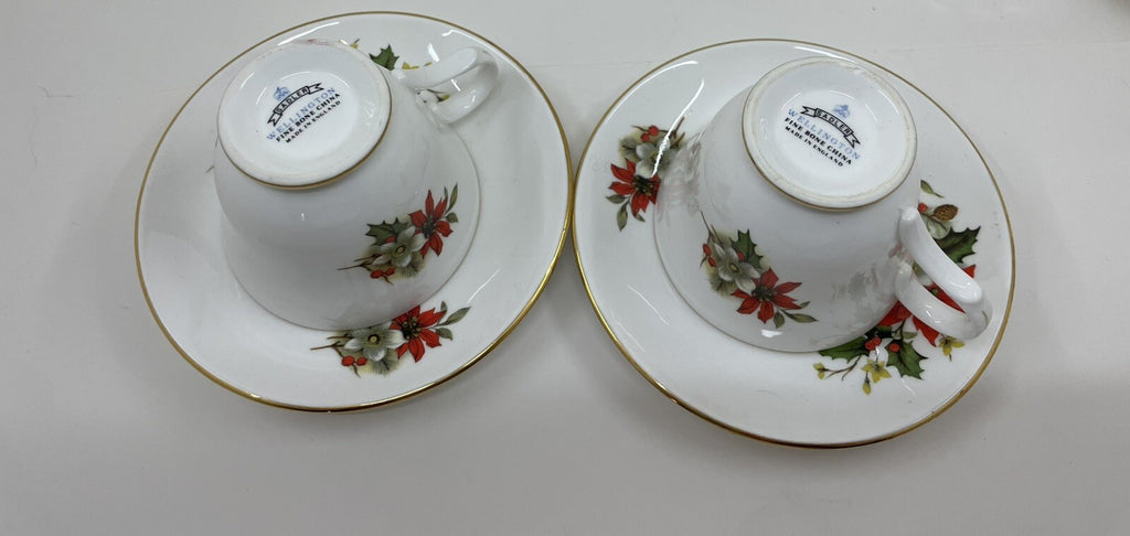 Sadler Wellington Bone China Poinsettia Tea Cups & Saucers Set of 2 Holiday