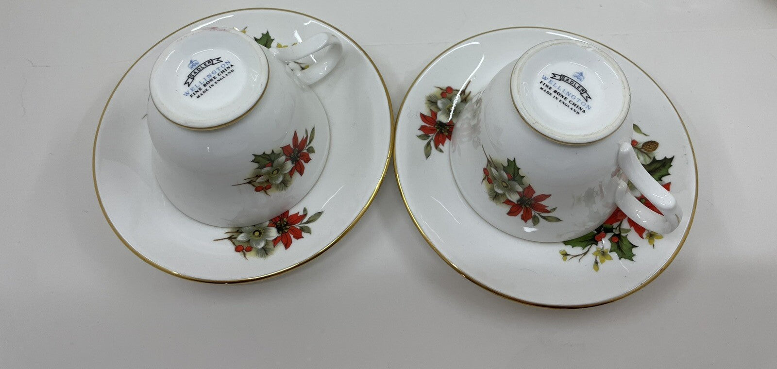 Sadler Wellington Bone China Poinsettia Tea Cups & Saucers Set of 2 Holiday