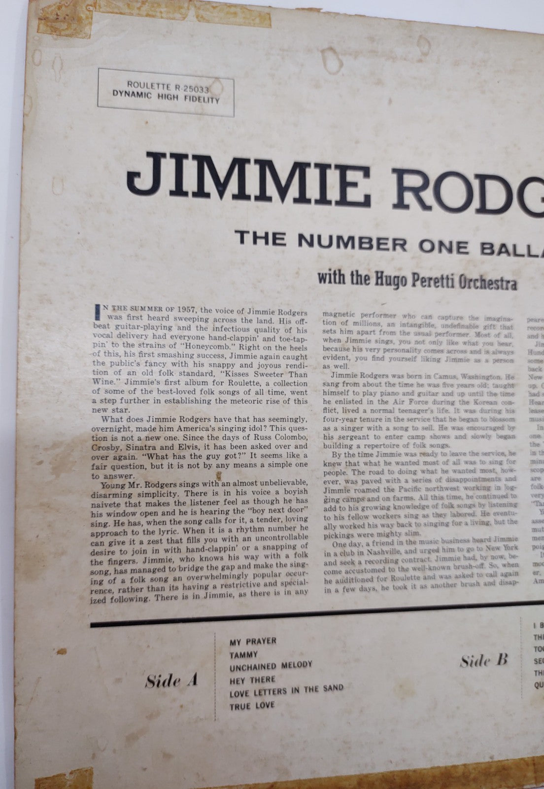 Jimmie Rodgers – The Number One Ballads (1958) Roulette R-25033 Vinyl LP