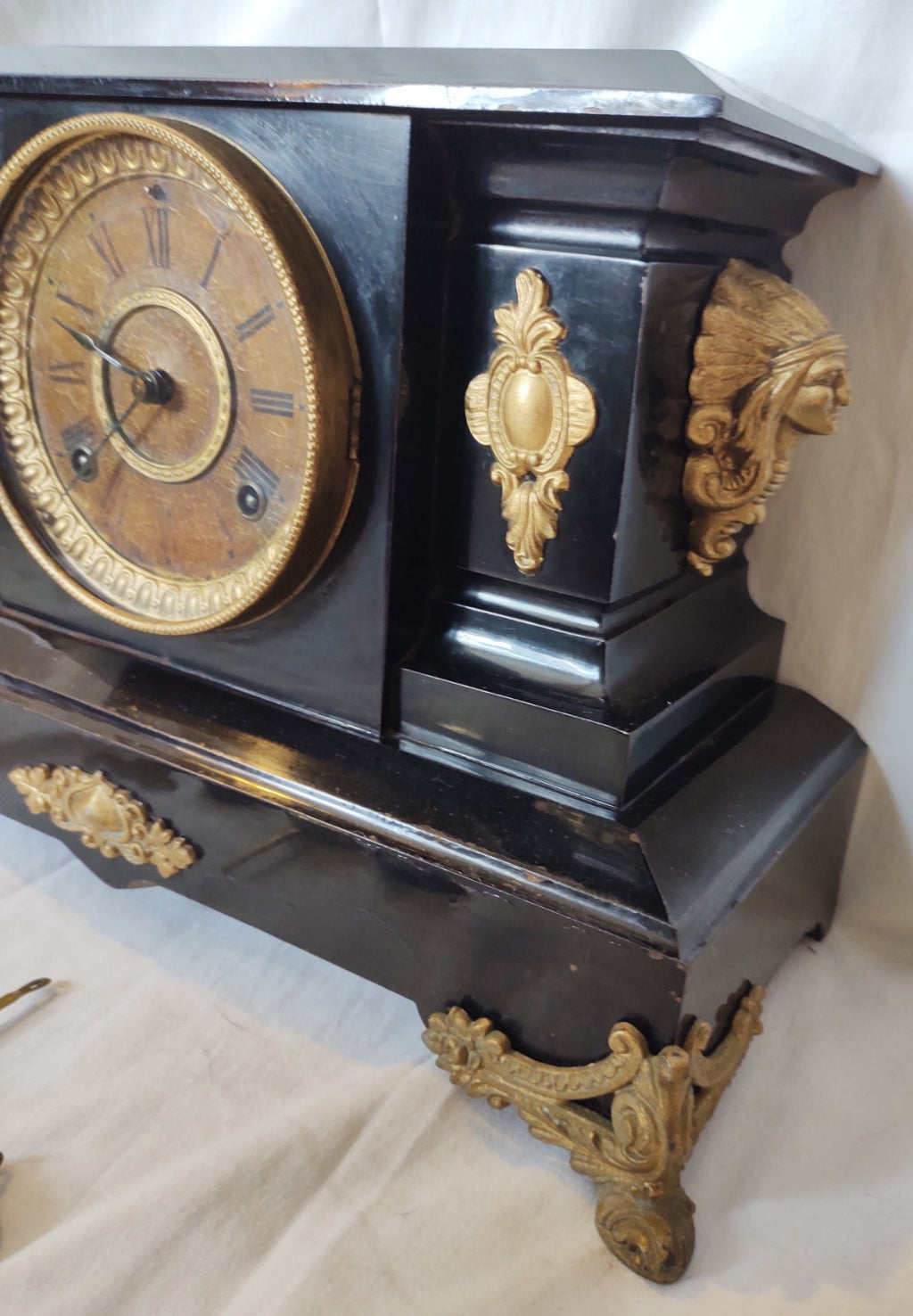 Antique 1886 Ansonia Cast Iron Figural Mantel Clock Empire Running Original