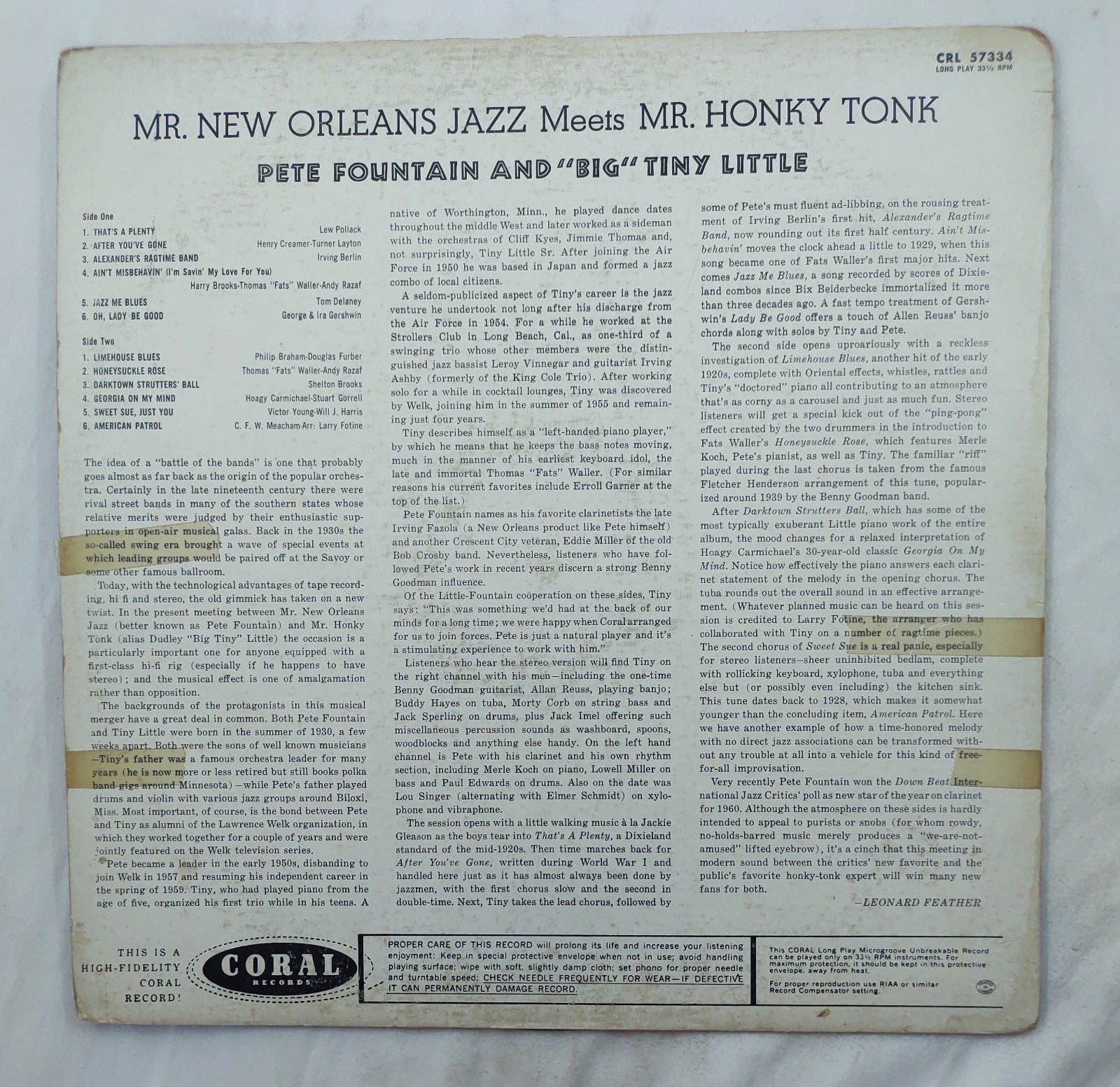 Pete Fountain & Big Tiny – Mr New Orleans Meets Mr Honky Tonk LP Coral CRL-57334