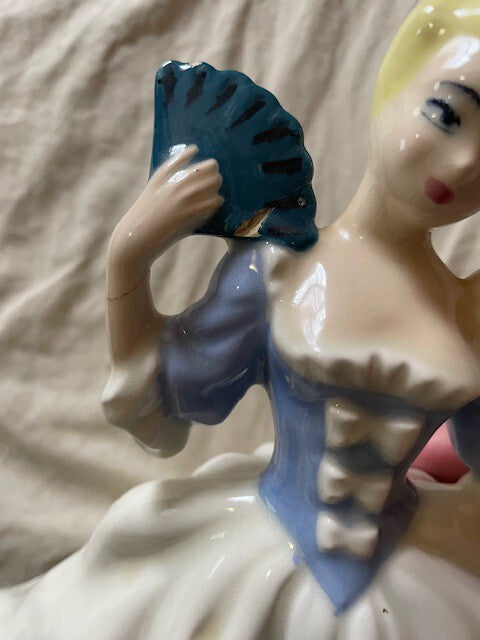 Vintage Ceramic Lady Figurine Elegant Dress with Fan Home Decor