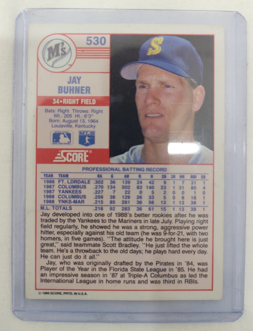 Jay Buhner Error Baseball Card Rare Print Variation Collectible MLB