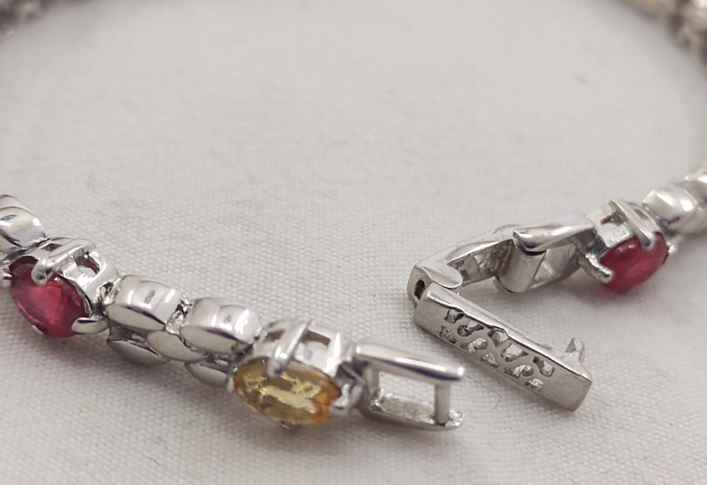 925 Sterling Silver Garnet Citrine Tennis Bracelet 7.5" Gemstone