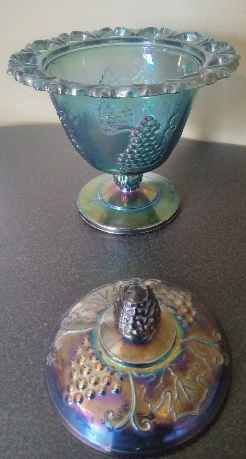 Iridescent Blue Carnival Glass Candy Dish w/ Lid – Indiana Grape Pattern