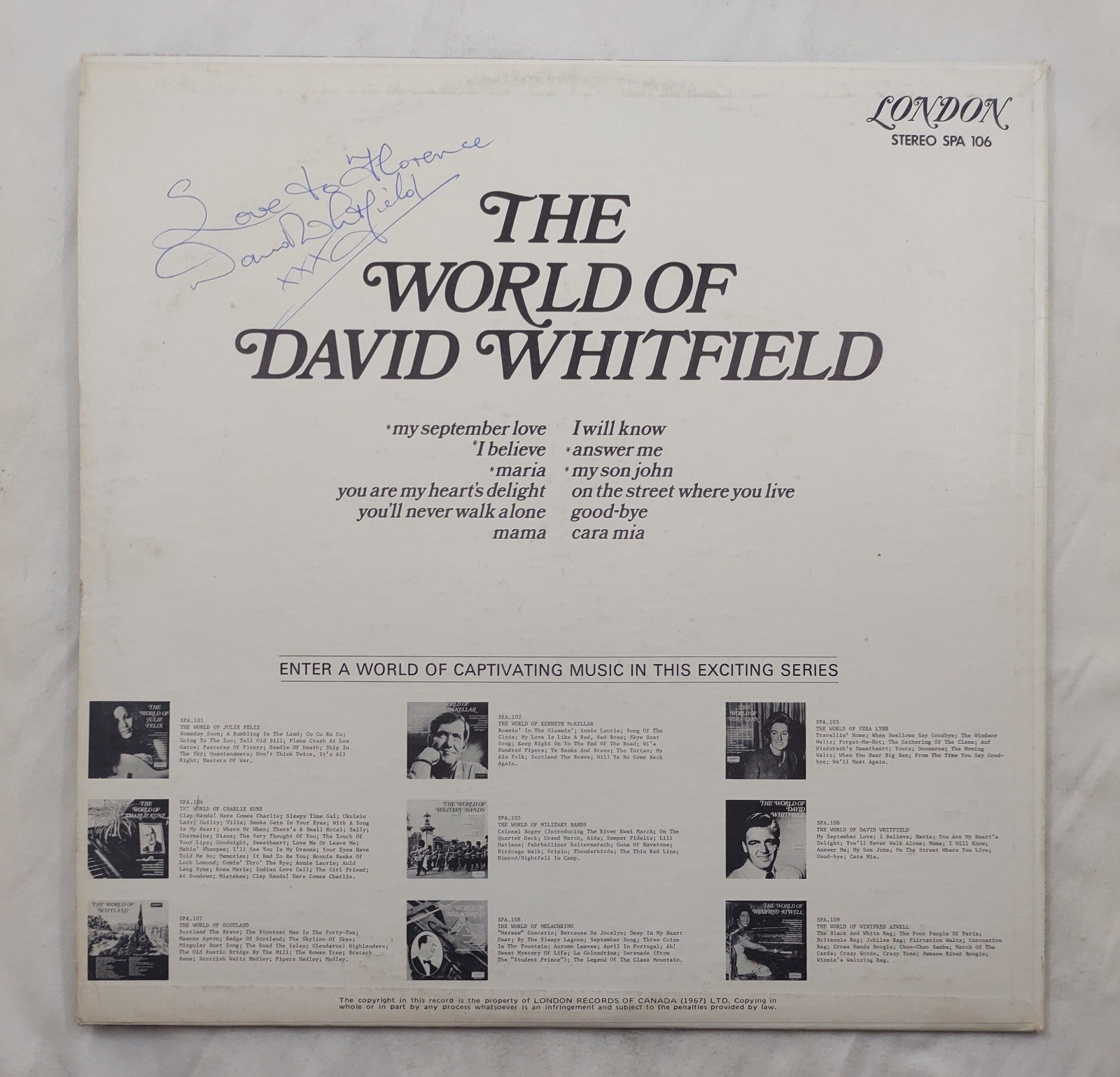 David Whitfield The World Of LP London SPA-106 Stereo Canada 1970 Vocal Vinyl LP