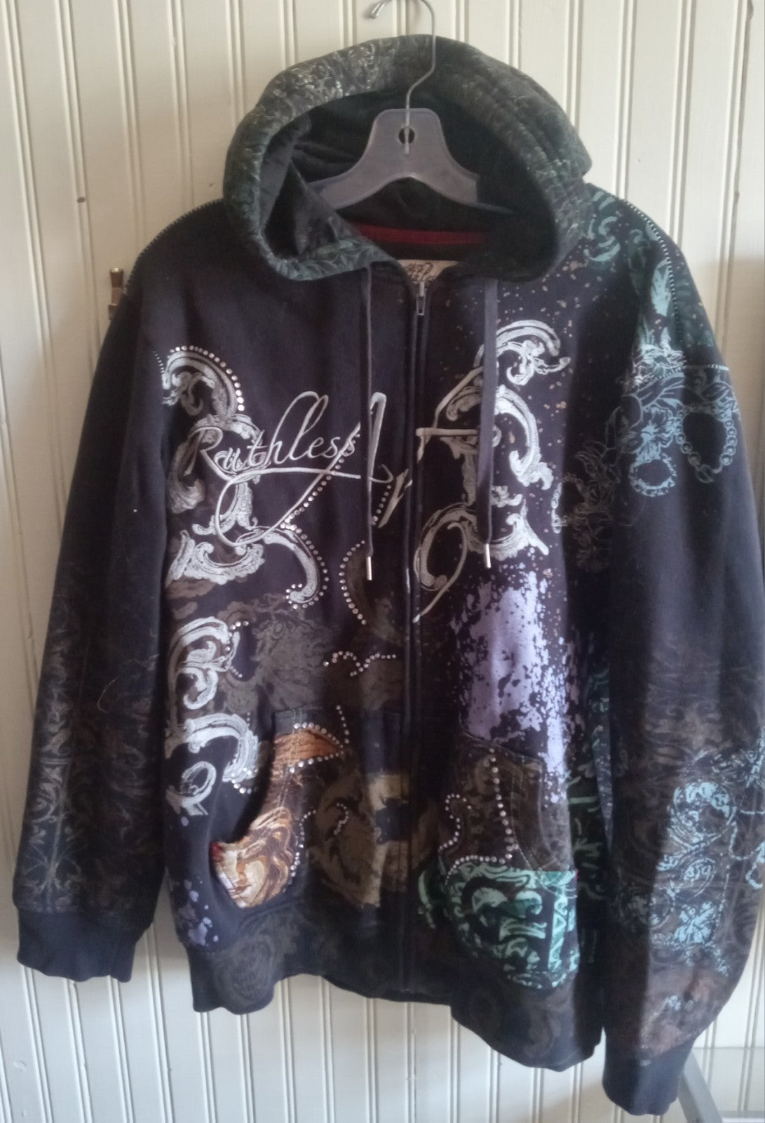 Rawblue Astral Rhinestone Zip Hoodie Black Streetwear Urban Sweater Size XL