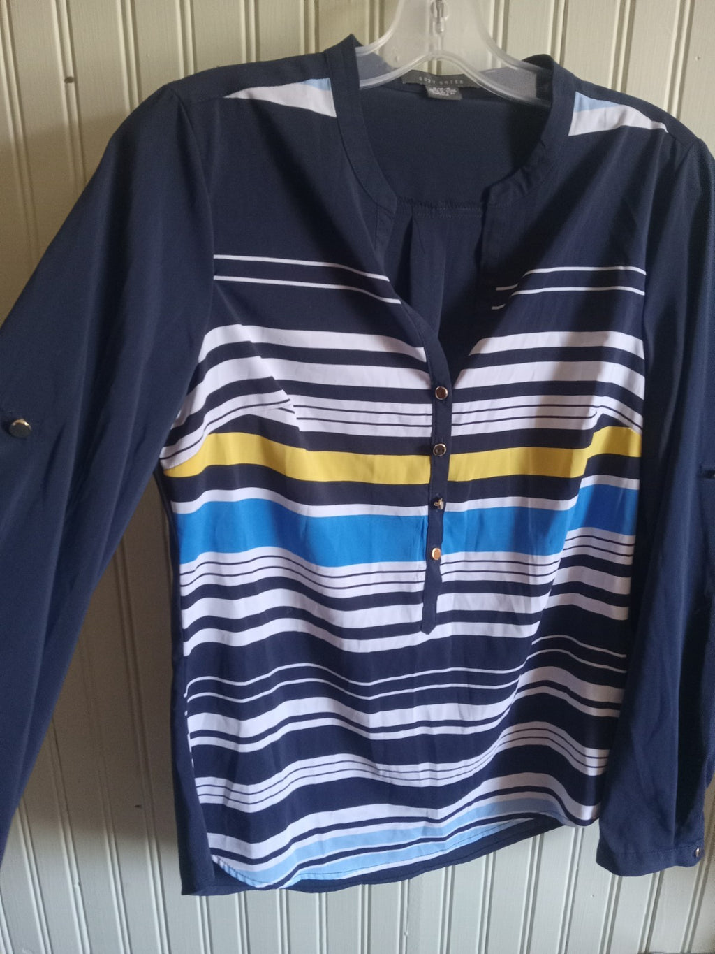 Suzy Shier Half Button Blue Striped Long Sleeve Sweater Women’s Size S