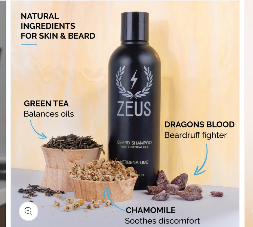 Zeus Beard Shampoo 8 fl oz (236 ml) Verbena & Lime – Grooming Wash Oil Gift Kit