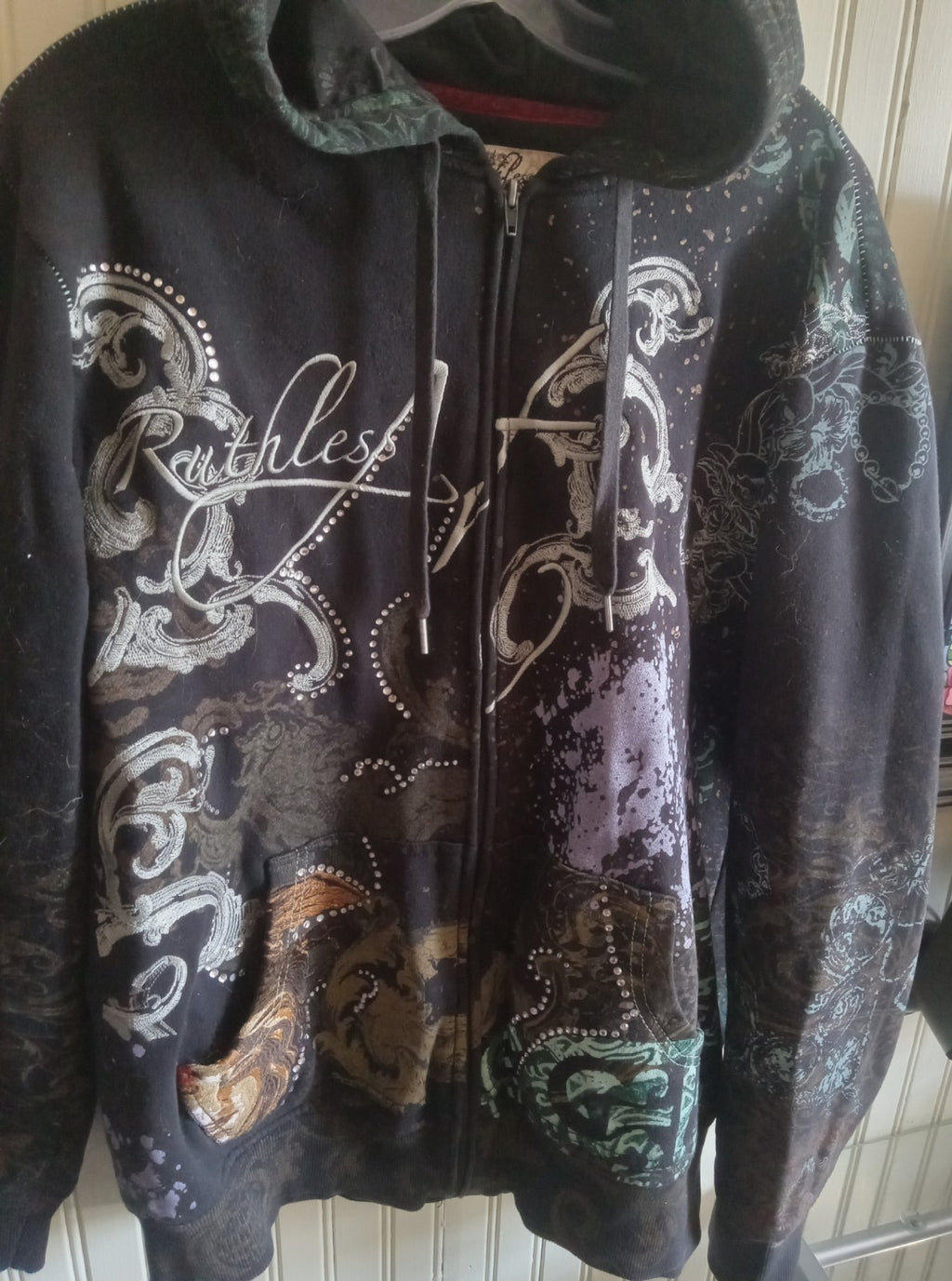 Rawblue Astral Rhinestone Zip Hoodie Black Streetwear Urban Sweater Size XL