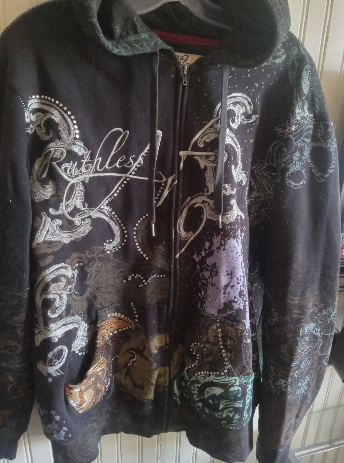 Rawblue Astral Rhinestone Zip Hoodie Black Streetwear Urban Sweater Size XL