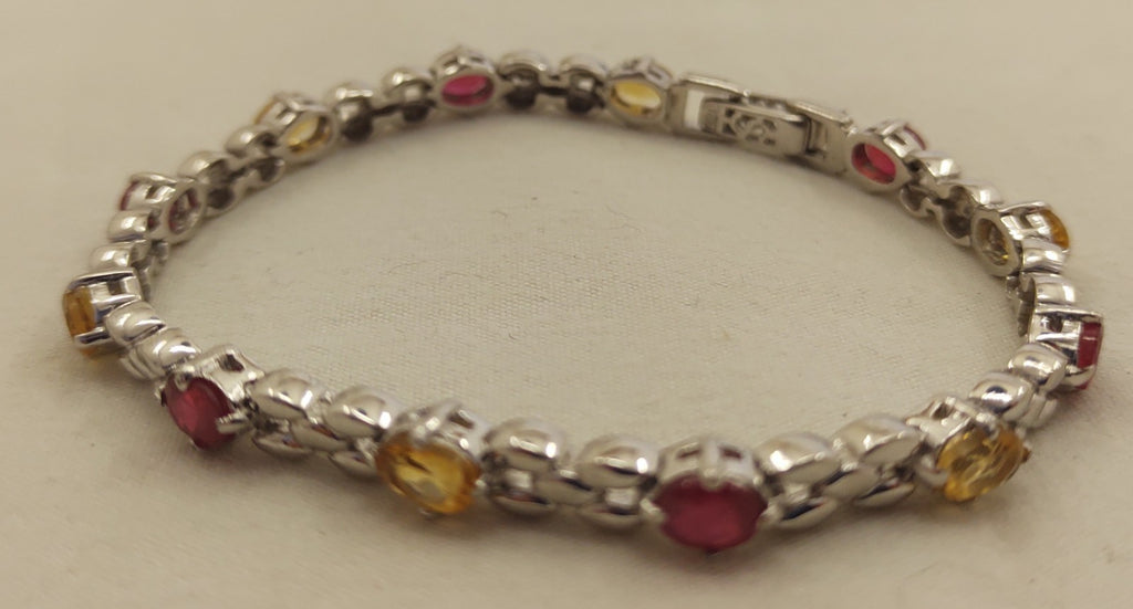 925 Sterling Silver Garnet Citrine Tennis Bracelet 7.5" Gemstone