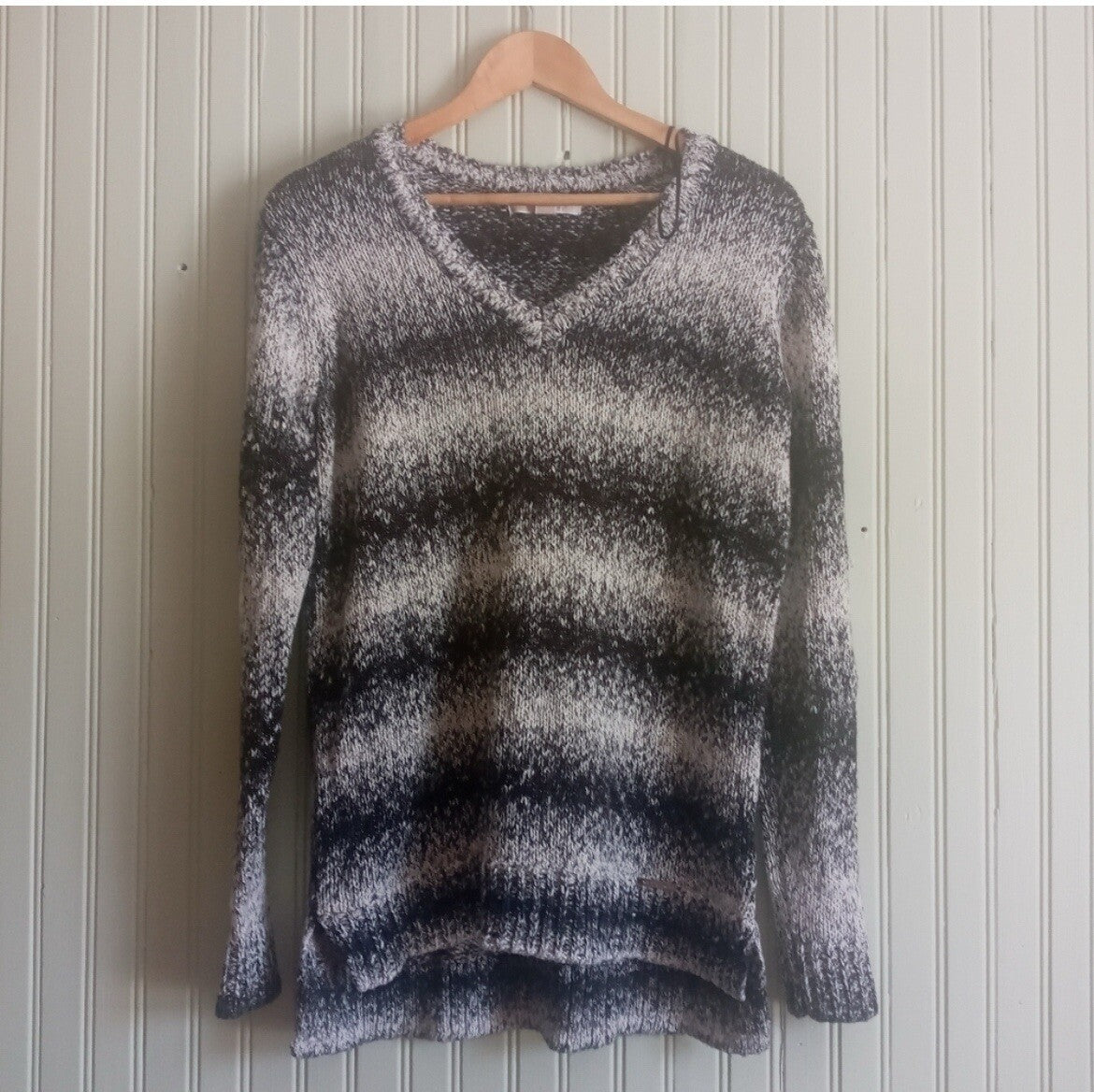 Michael Kors Striped Knit Sweater Grey Black White Ribbed Long Sleeve M