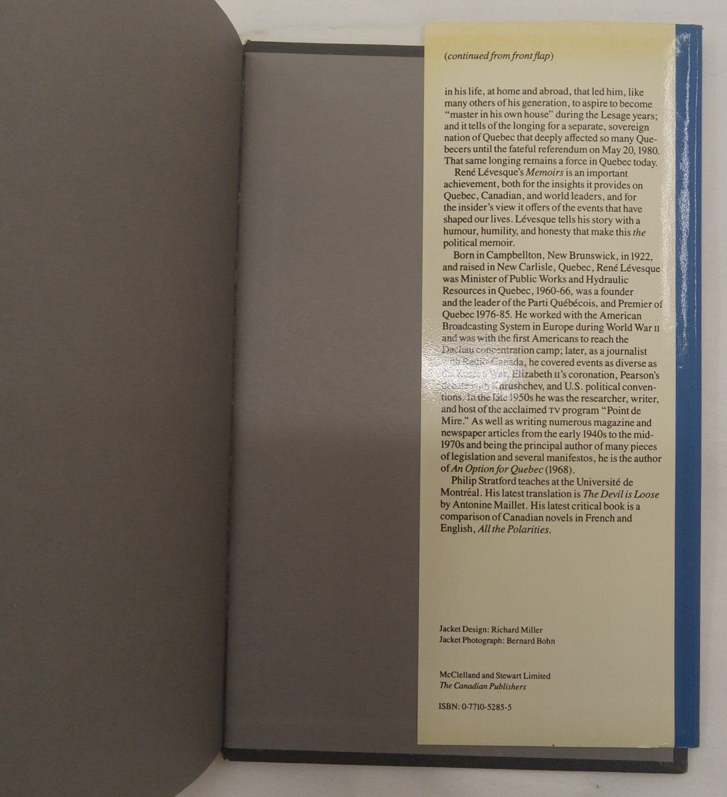 Memoirs of René Lévesque – VG+ Quebec Political Memoir Hardcover Book