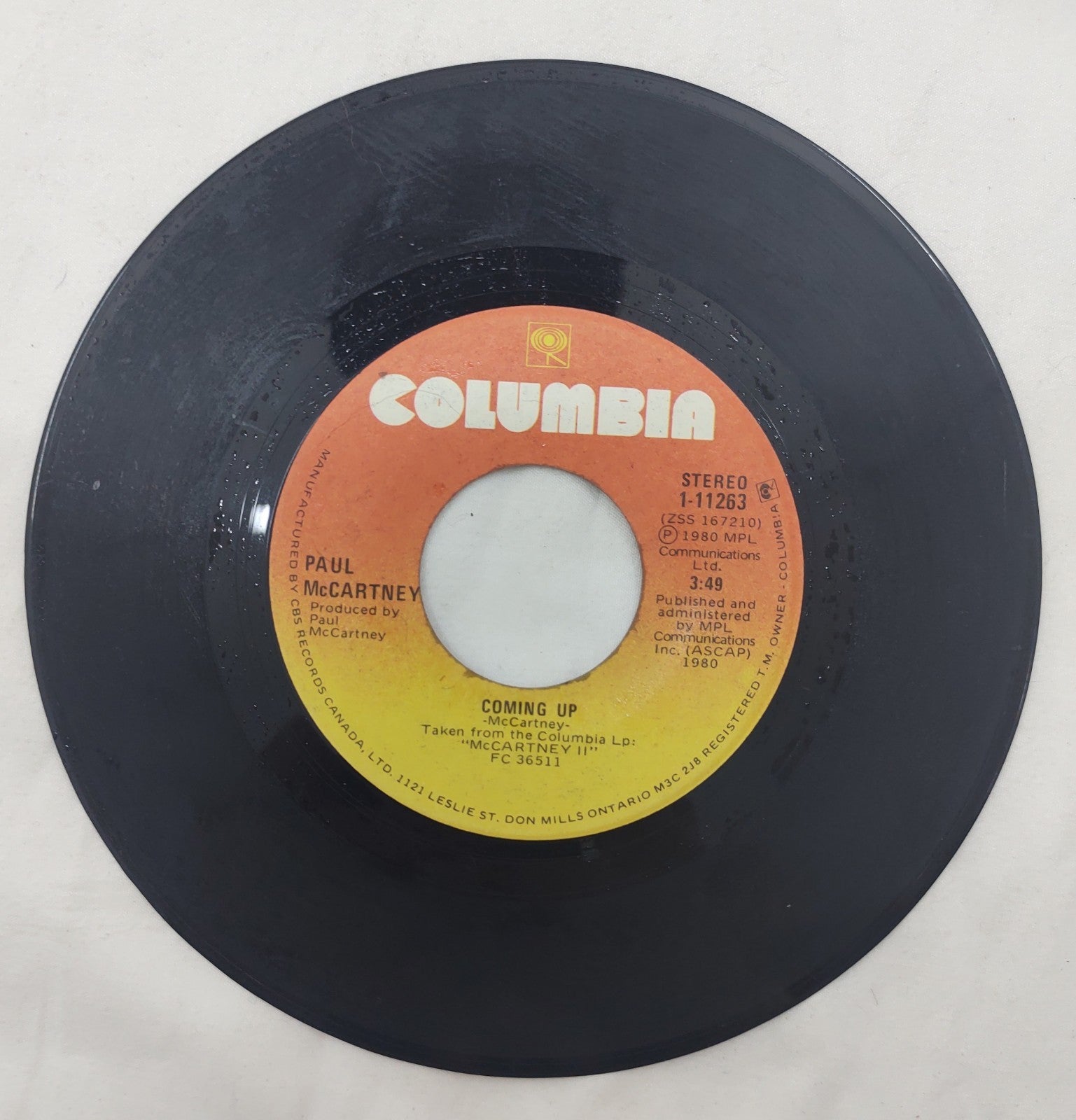 Paul McCartney – Coming Up 7” Vinyl Single Columbia 1-11263 Canada 1980