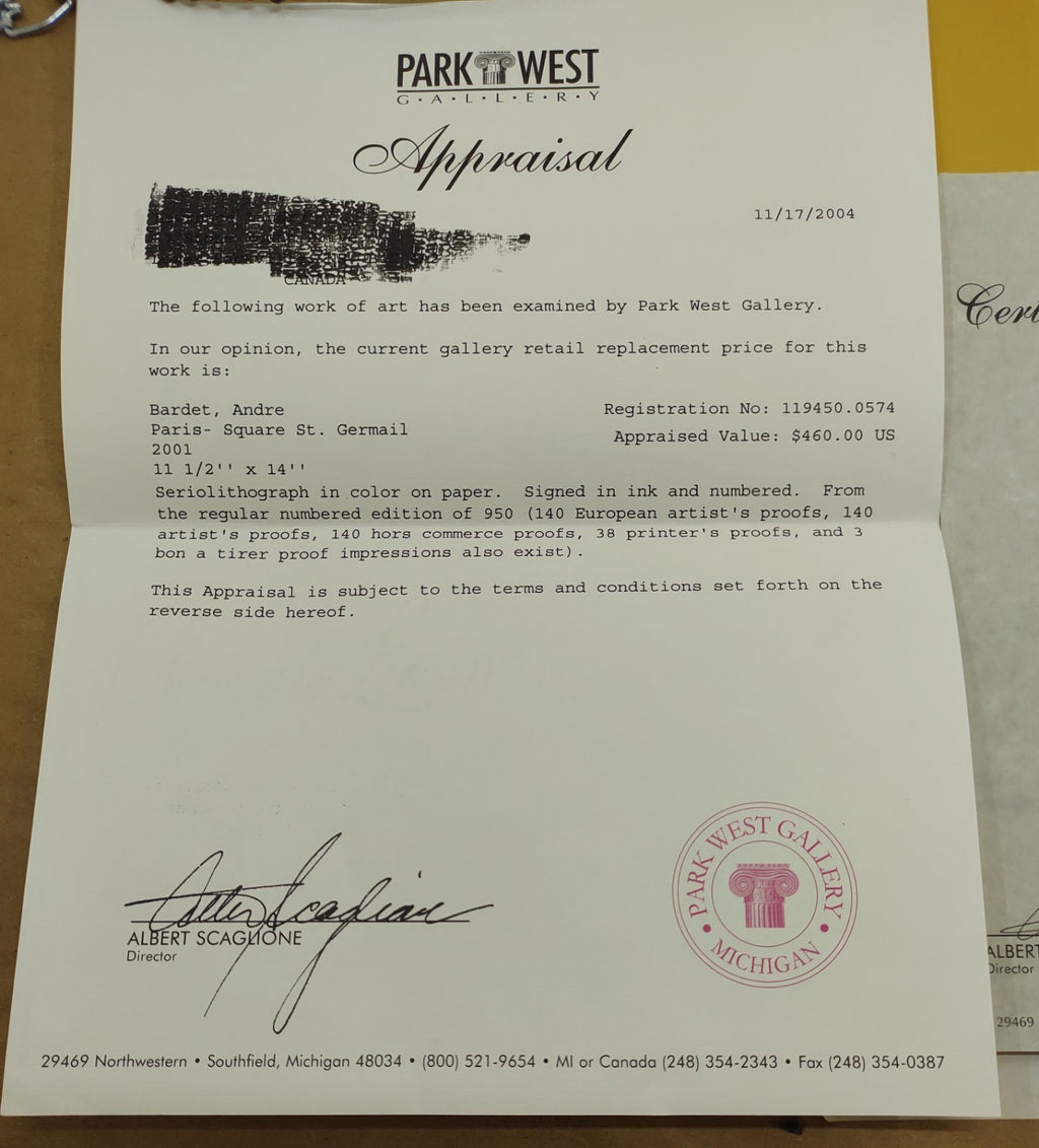 André Bardet Paris Square St Germain Hand Signed Seriolithograph Framed