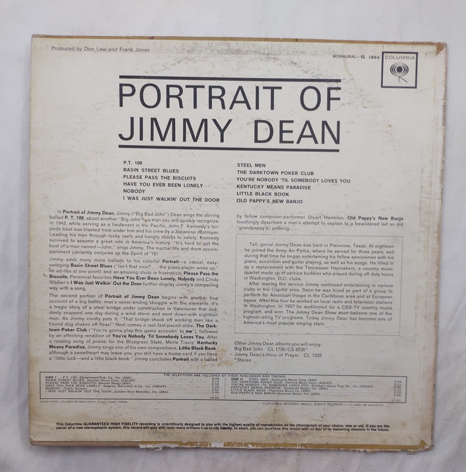 Jimmy Dean – Portrait of Jimmy Dean LP Columbia CL-1894 Mono Canada