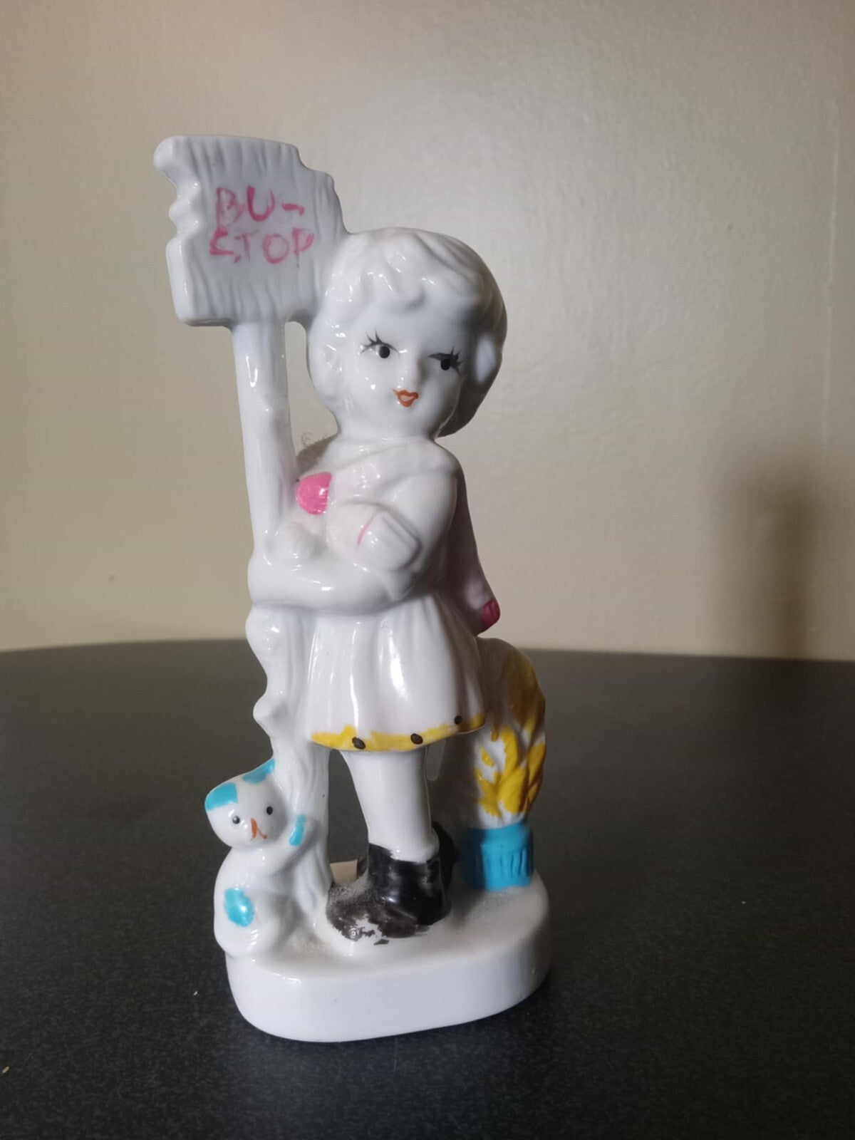 Girl at Bus Stop White Glass Figurine – Vintage Collectible
