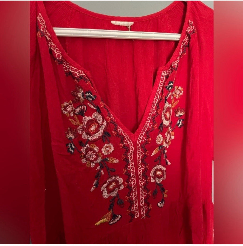 Red Floral Embroidered Tunic Blouse Boho India Style Summer Festival L