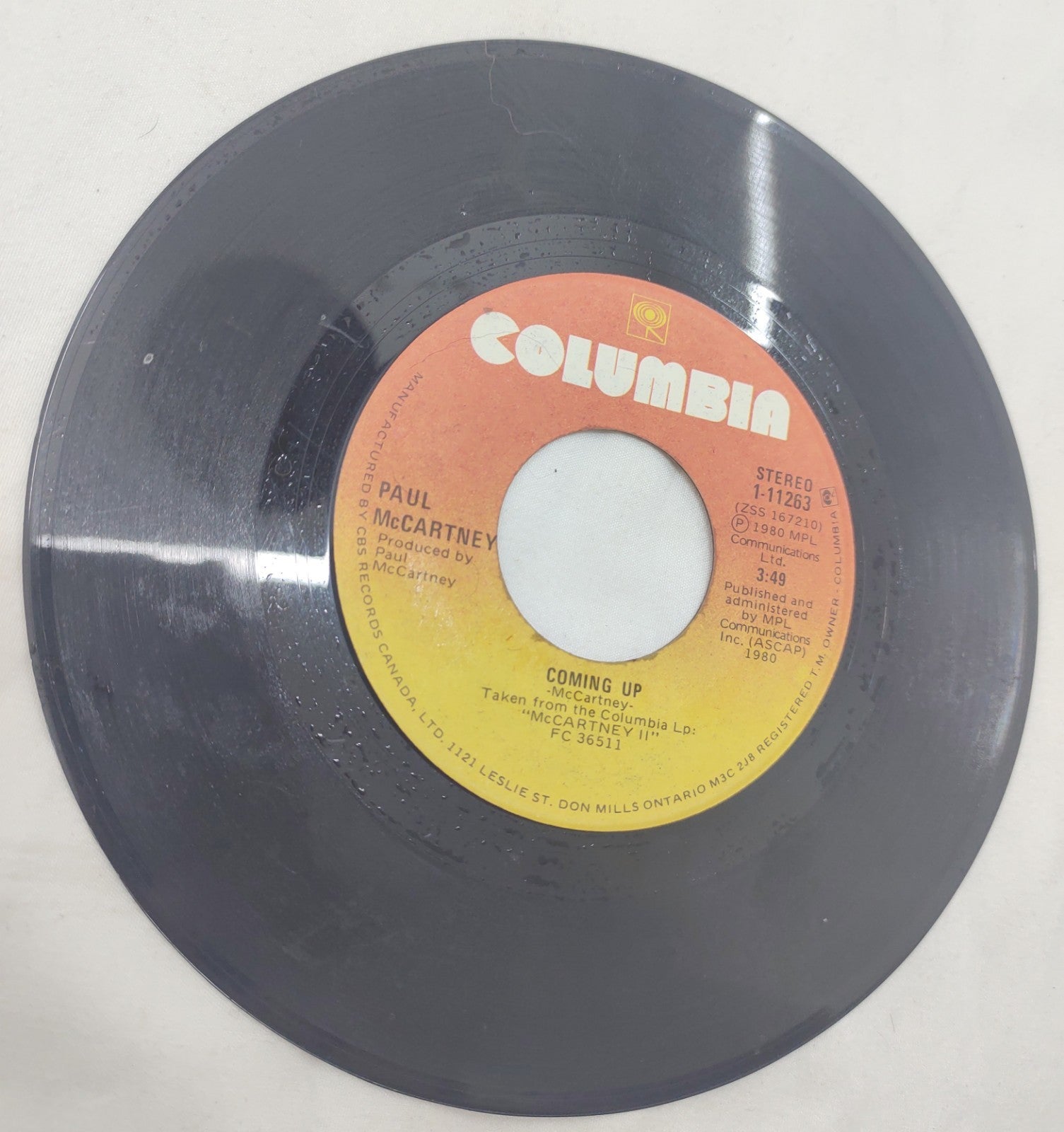 Paul McCartney – Coming Up 7” Vinyl Single Columbia 1-11263 Canada 1980