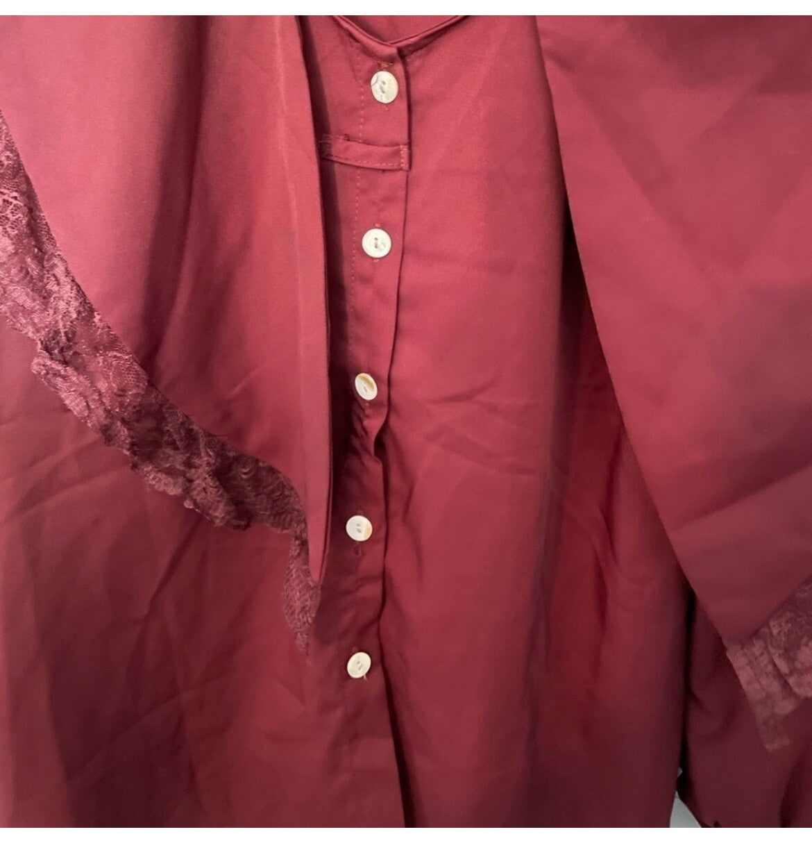Vintage Burgundy Lace Draped Neckline Button-Up Blouse Size Large – VG