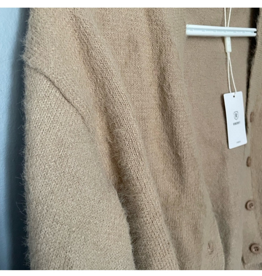Tan Eyelash Knit Cropped Cardigan Women’s Retro Fluffy Sweater Size Medium Y2K