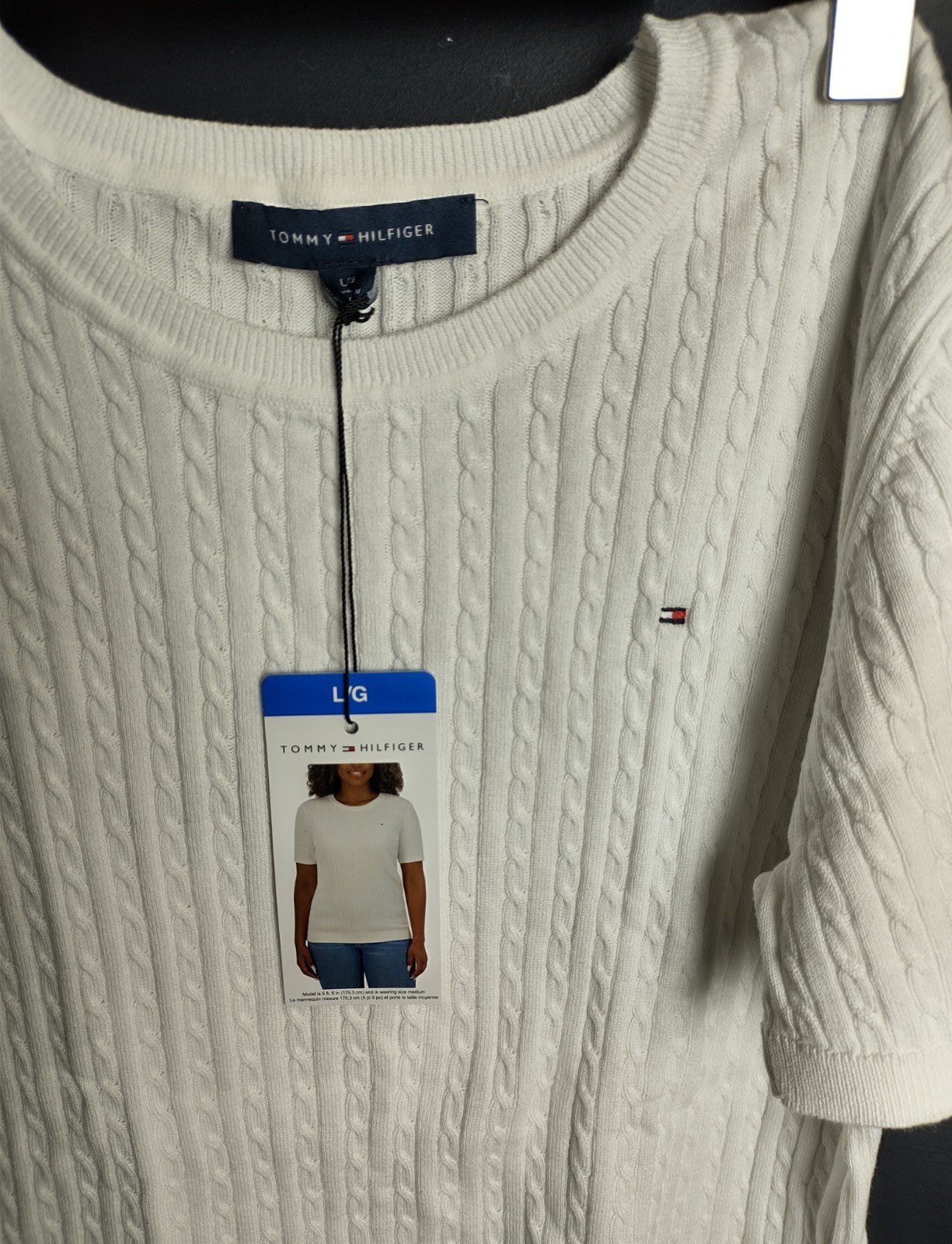 Tommy Hilfiger Women’s Large White Knit Short Sleeve Sweater Top Classic NWT