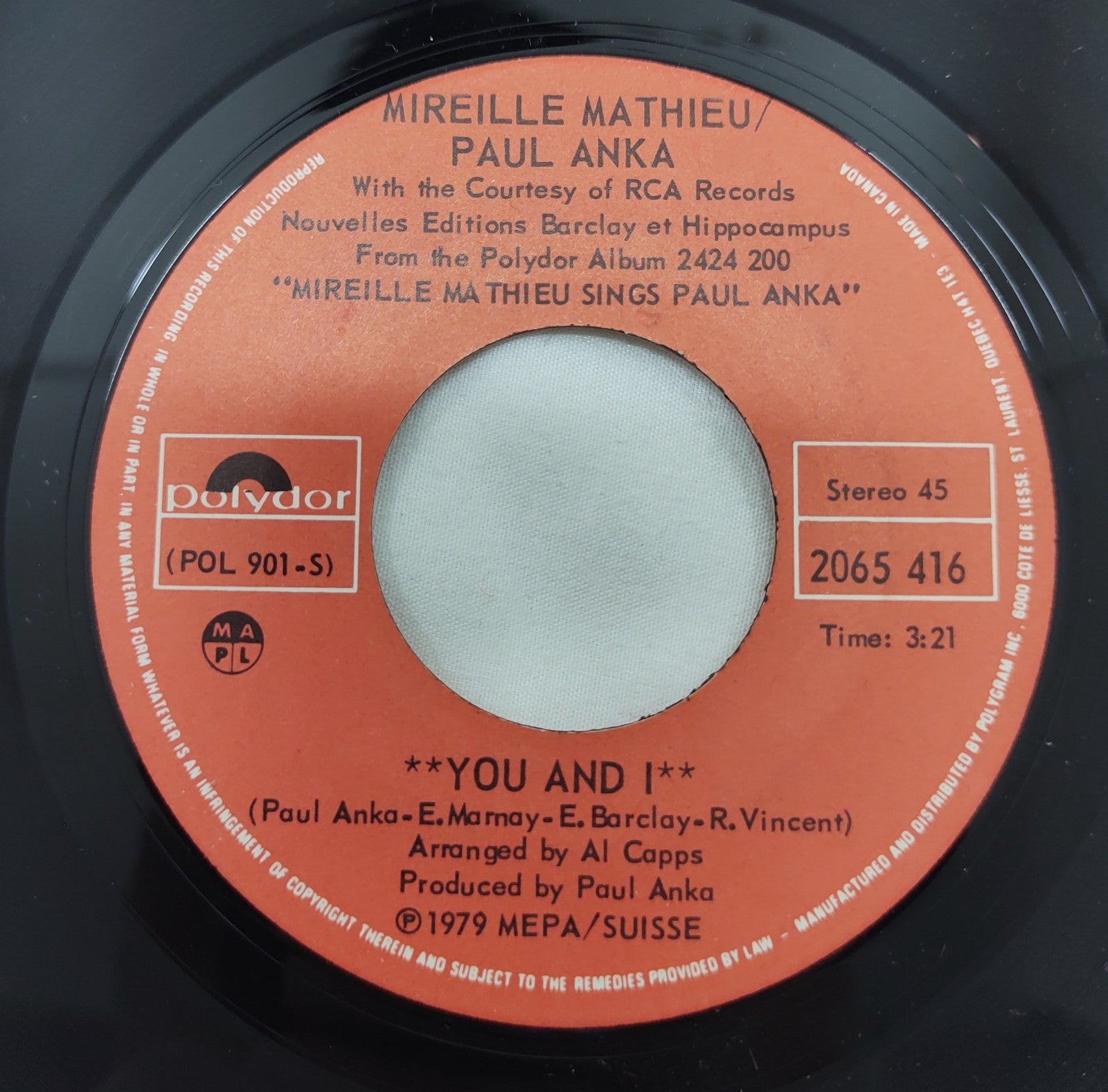 Mireille Mathieu – A Man and a Woman 7” Polydor 2065 416 Stereo 1979