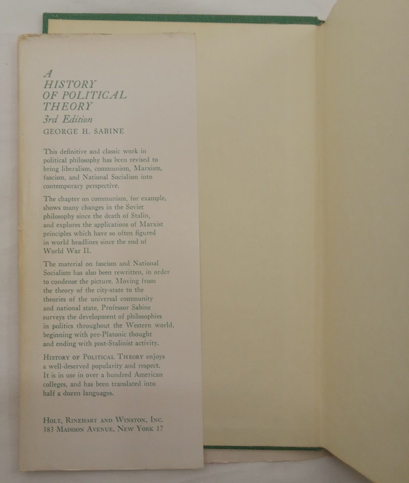 A History of Political Theory Sabine Hardcover Dust Jacket Academic Classic