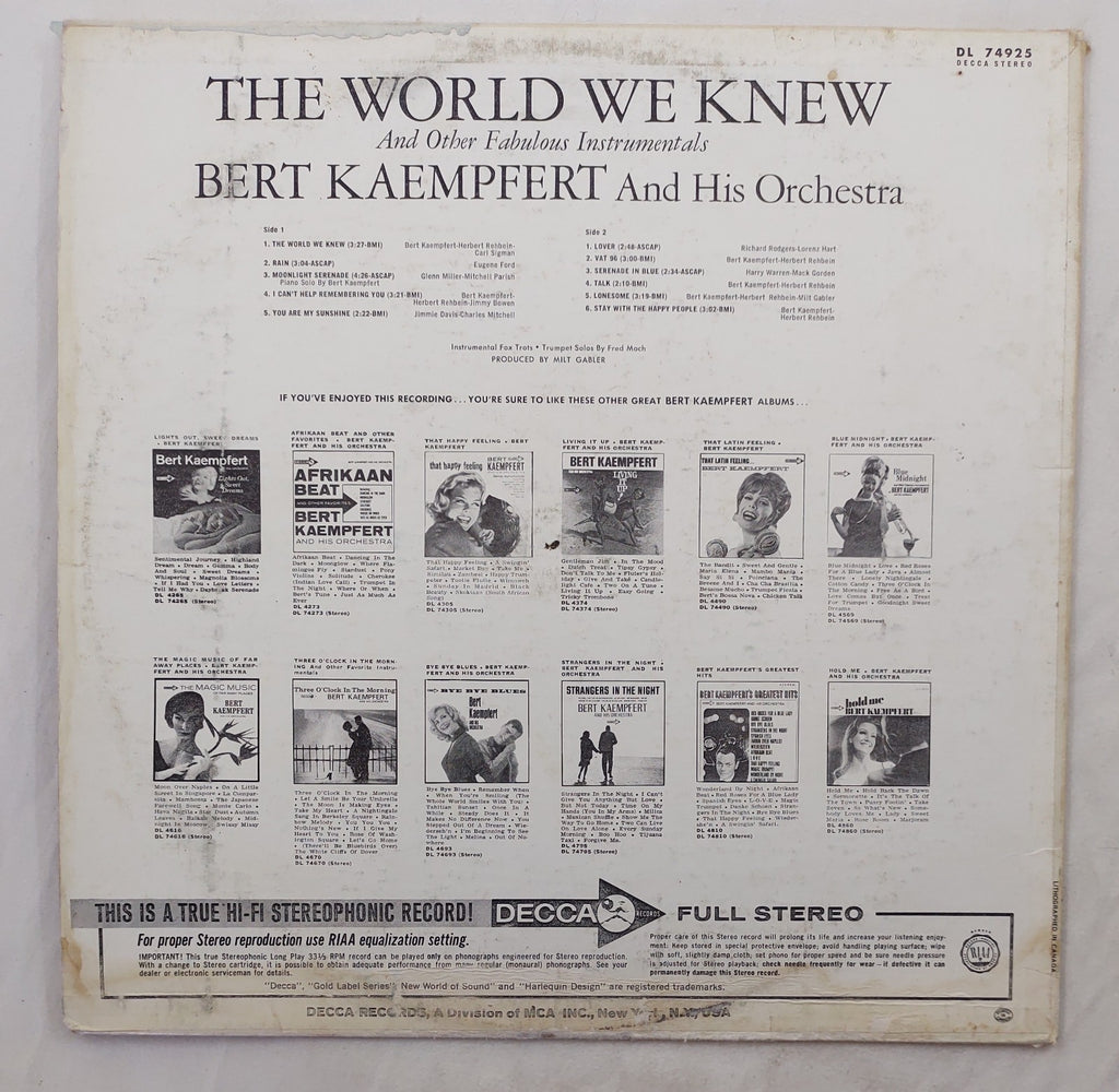 Bert Kaempfert – The World We Knew LP Stereo Decca Rainbow DL-4925 Canada