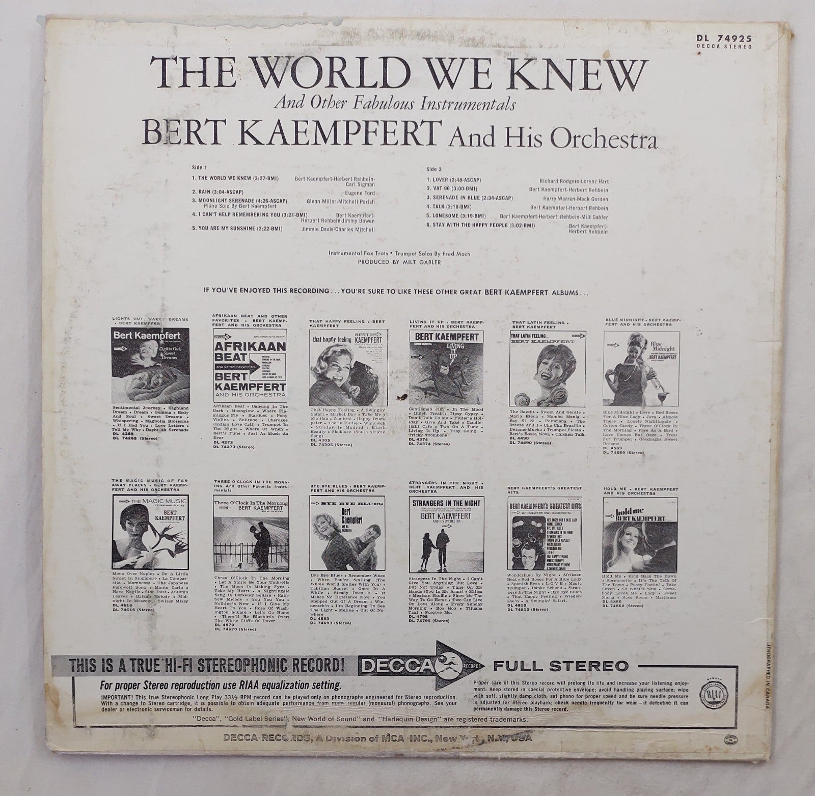 Bert Kaempfert – The World We Knew LP Stereo Decca Rainbow DL-4925 Canada