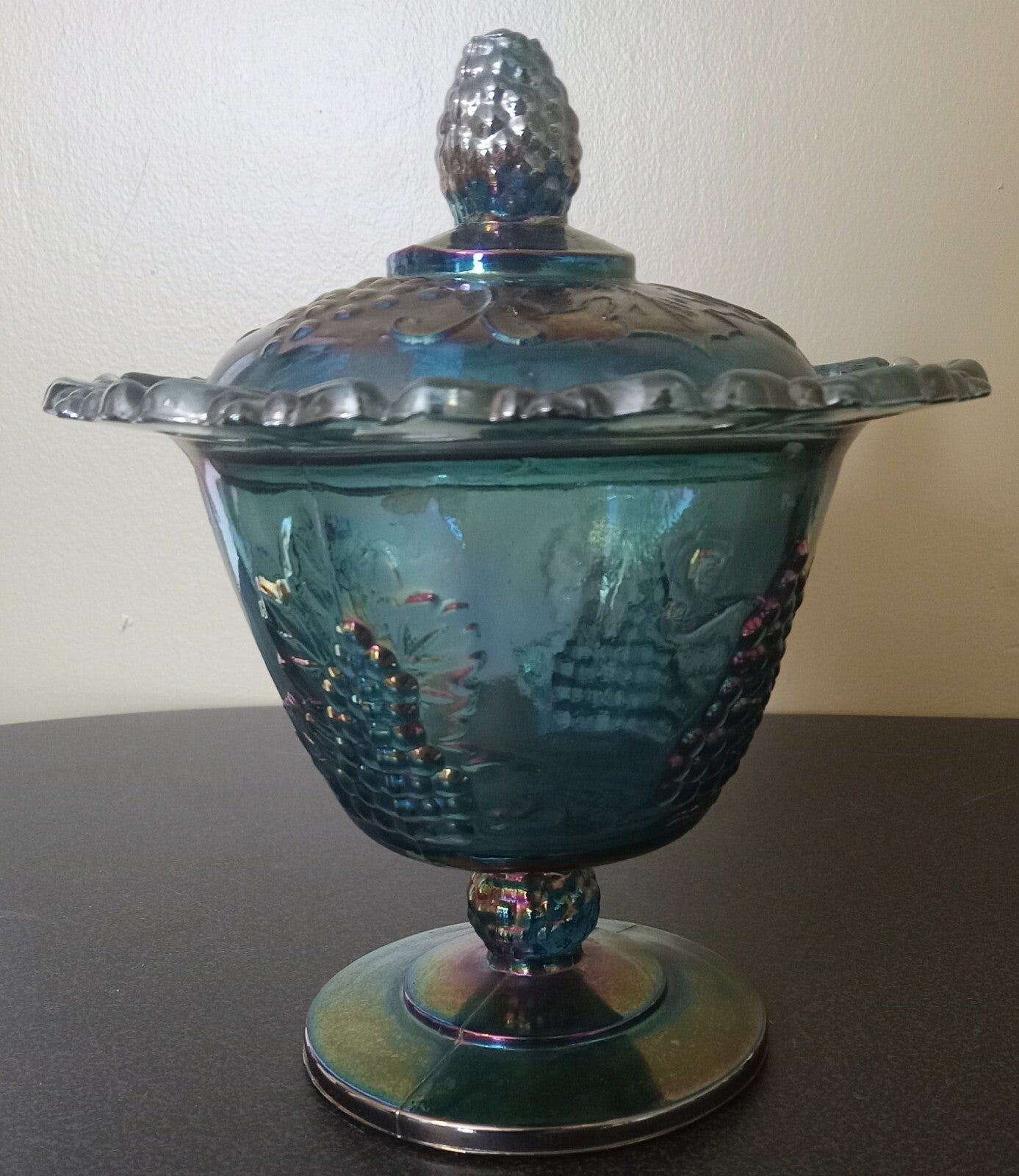 Iridescent Blue Carnival Glass Candy Dish w/ Lid – Indiana Grape Pattern