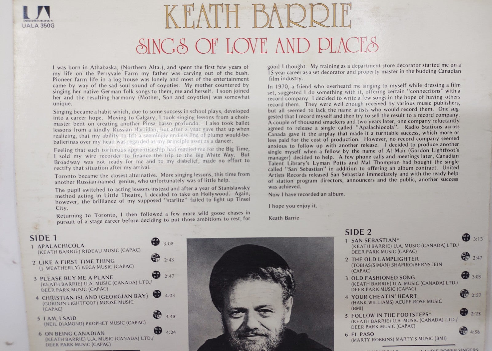 Keath Barrie – Sings of Love & Places (1974) Vinyl LP UA Folk UALA-350G