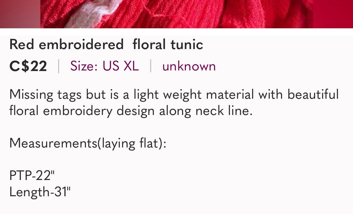 Red Floral Embroidered Tunic Blouse Boho India Style Summer Festival L