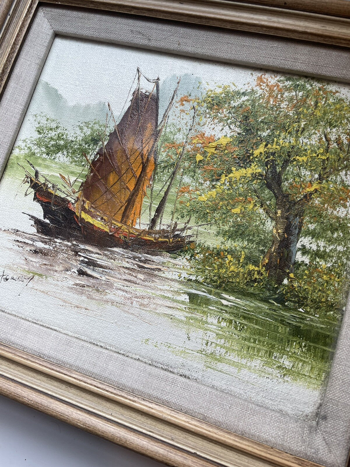 Vintage Oil on Board – Chinese Fishing Boat Scene, Framed, Signed, Classic