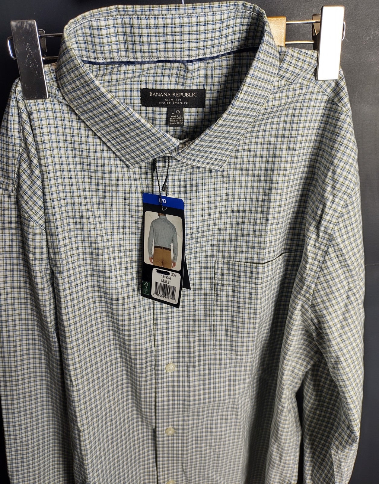 Banana Republic Men’s Green Blue Check Dress Shirt Slim Fit Cotton NWT