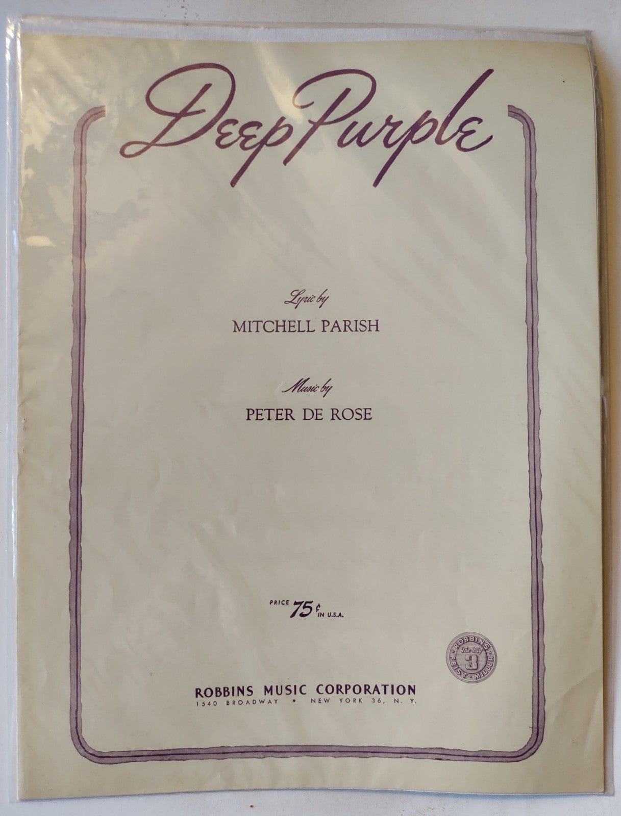 Deep Purple by Peter DeRose & Mitchell Parish 1930s Vintage Sheet Music