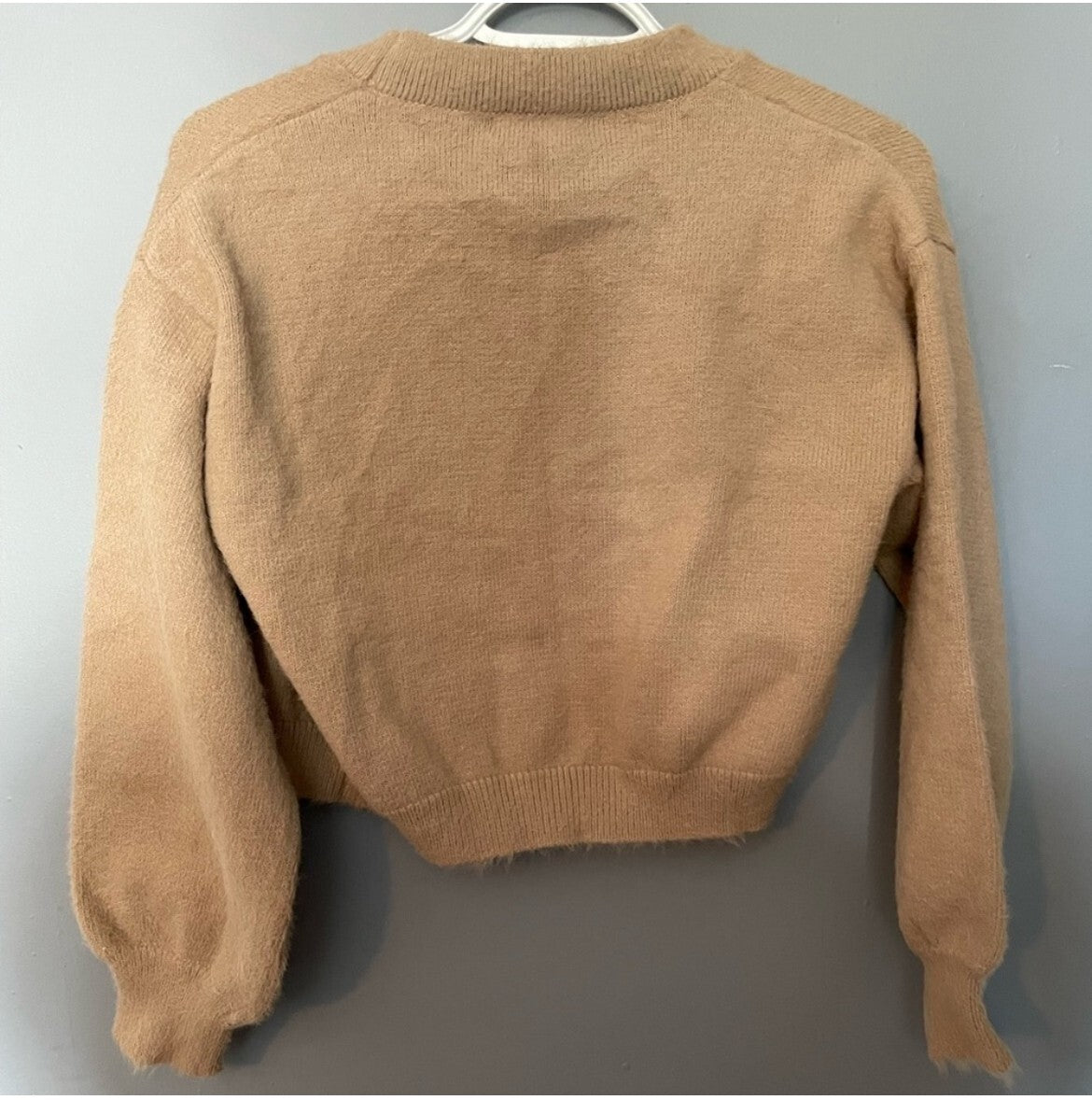 Tan Eyelash Knit Cropped Cardigan Women’s Retro Fluffy Sweater Size Medium Y2K