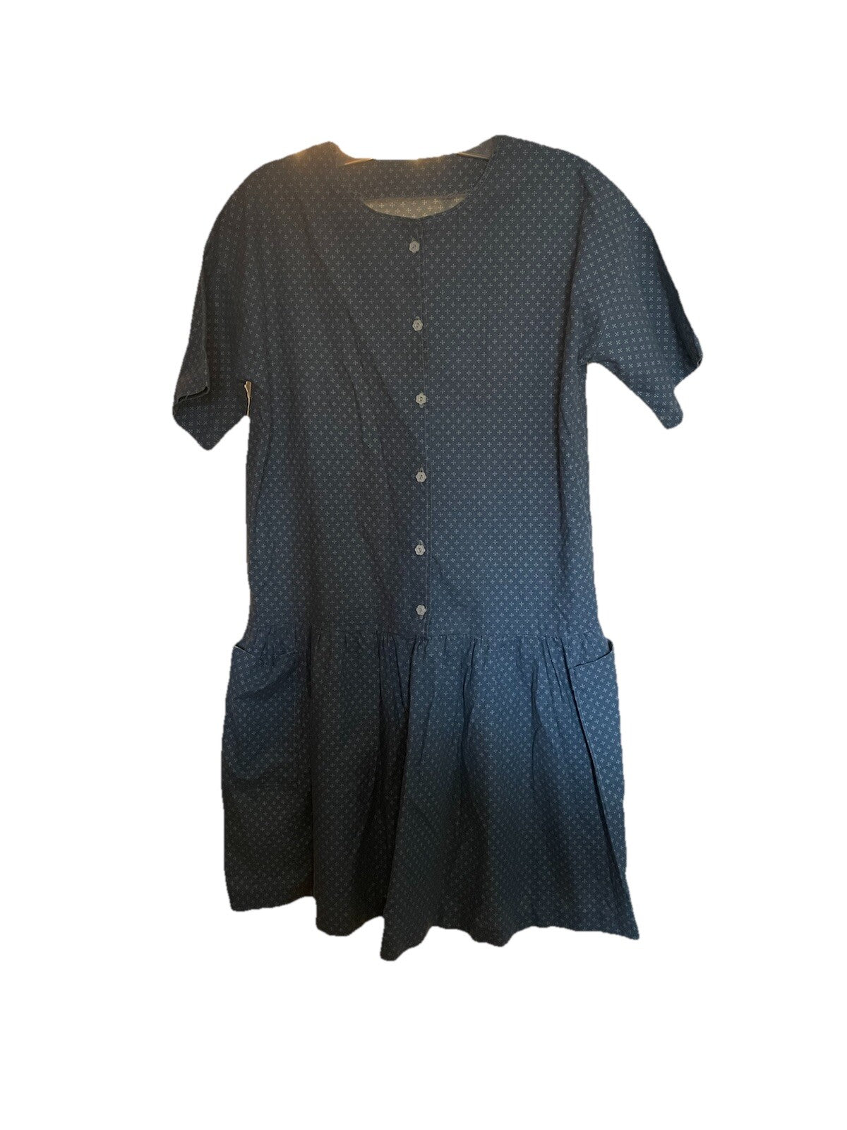 Handmade Cotton Blue Dress with Pockets – Size Large – Vintage Boho Style