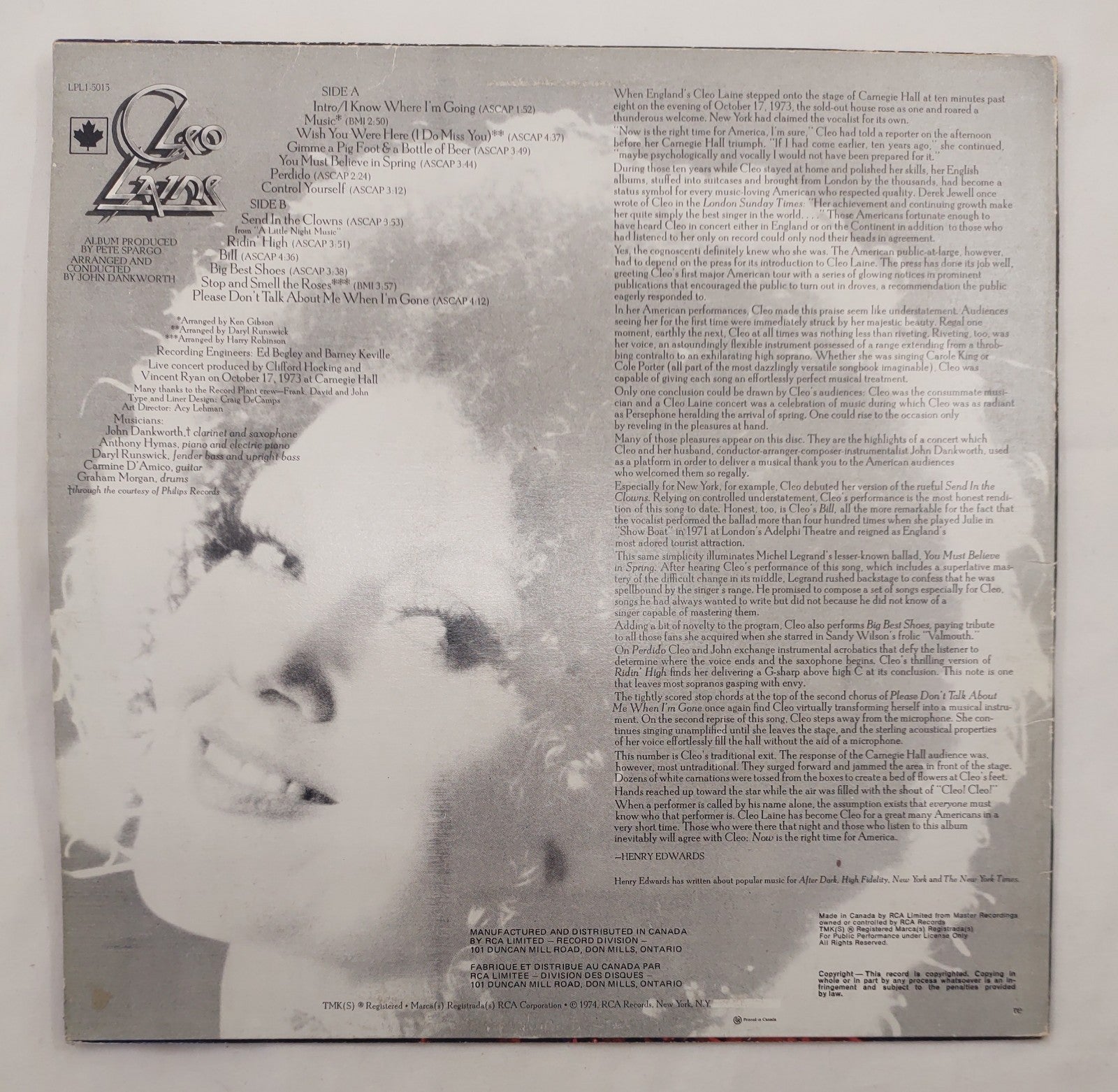 Cleo Laine - Live at Carnegie Hall LP RCA LPL1-5015 Canada Dynaflex 1974